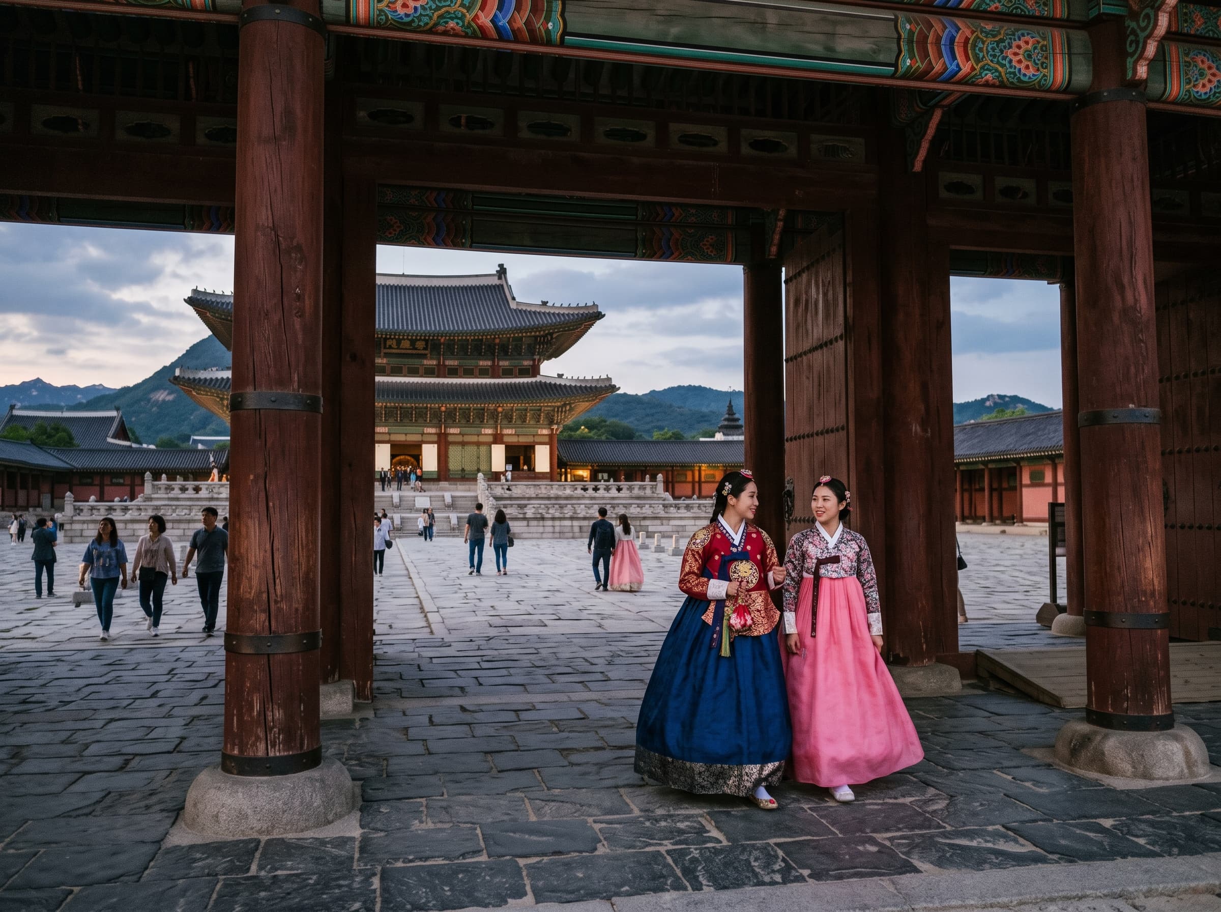 Visitors wearing proper two-piece hanbok attire entering a Joseon palace gate