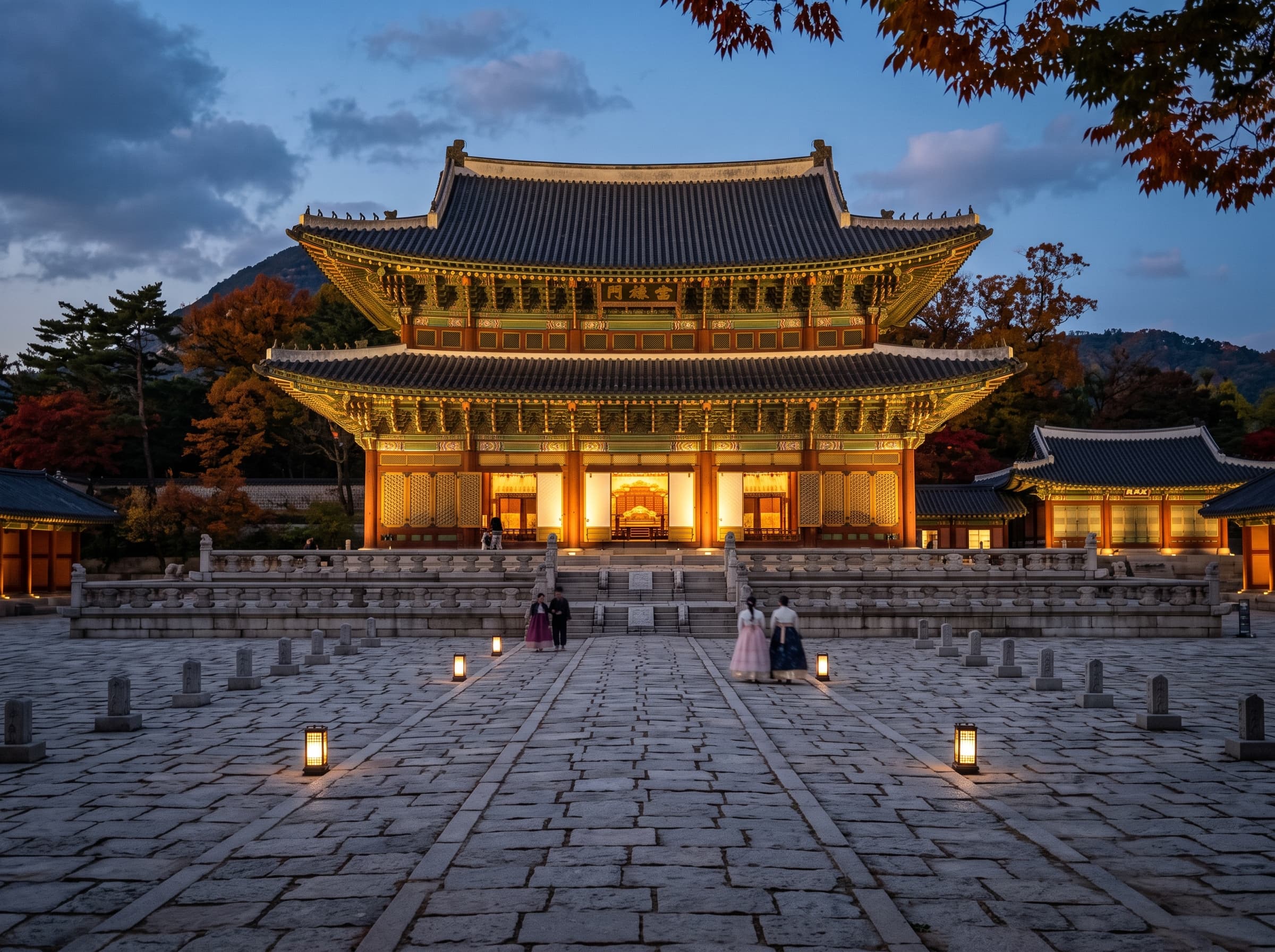 Illuminated palace architecture of Gyeongbokgung during an autumn night viewing