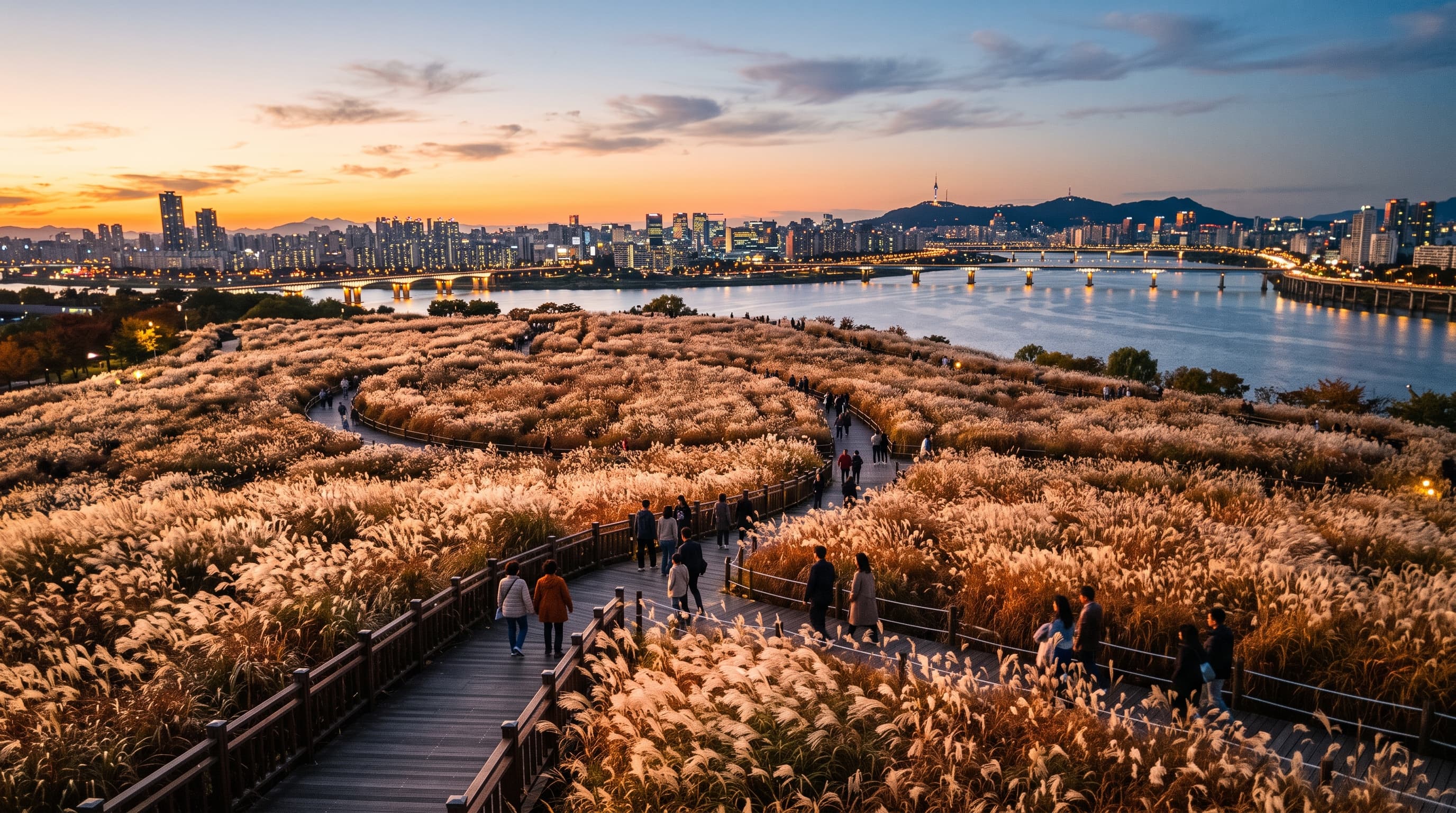 Sunset over vast fields of blooming silver grass at Haneul Park overlooking the Seoul city skyline
