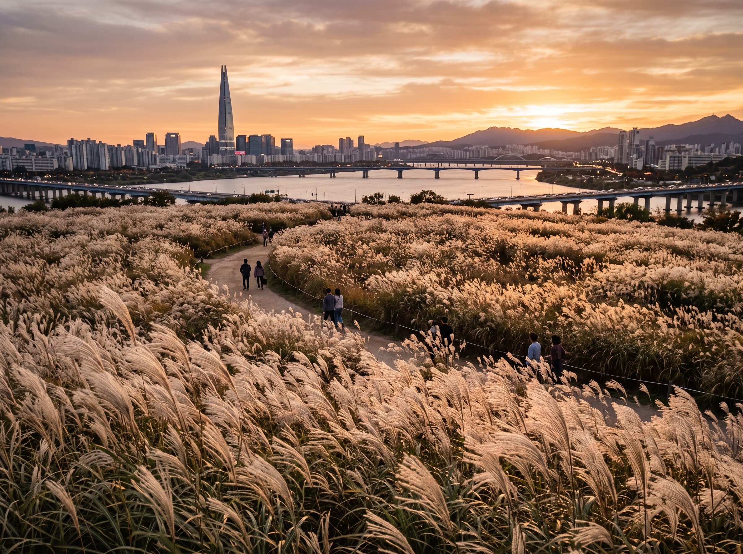 Panoramic view of silver grass blooming at Haneul Park during golden hour with Seoul skyline in the background