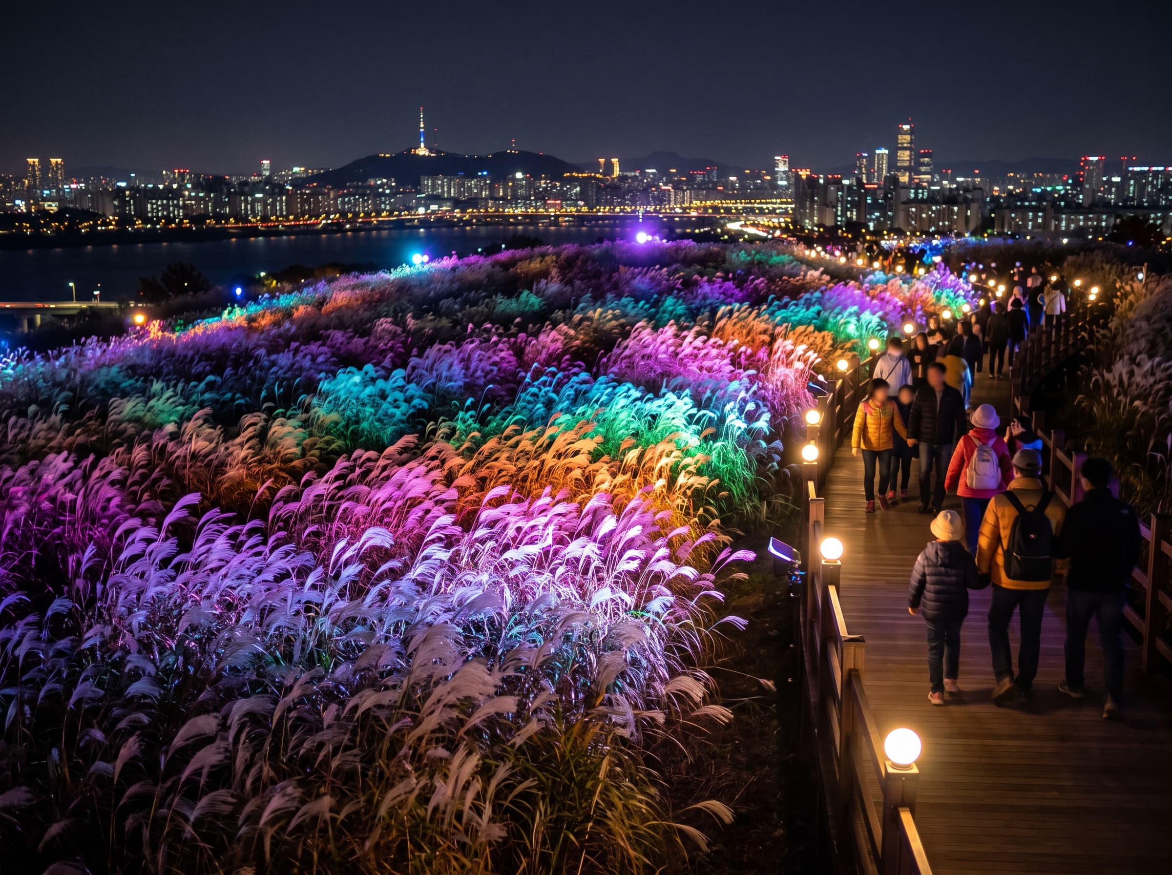 Illuminated silver grass pathways at Haneul Park at night during the Seoul Silver Grass Festival