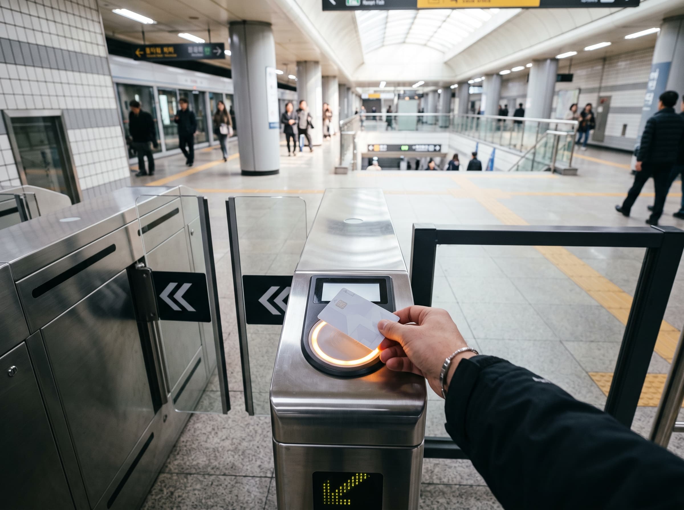 Contactless transit card held against a subway fare gate sensor in Seoul