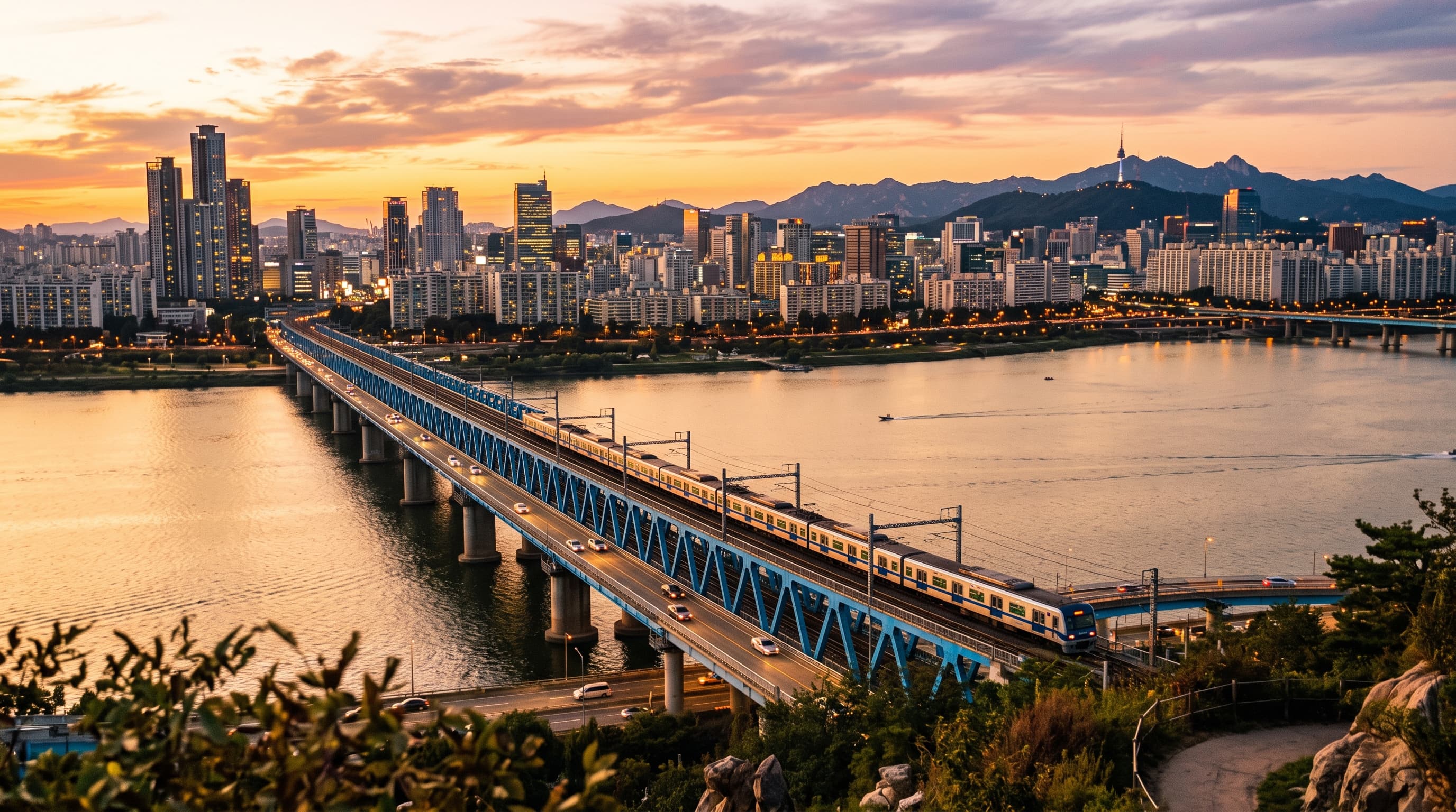 Seoul subway train traveling across the Han River bridge at sunset