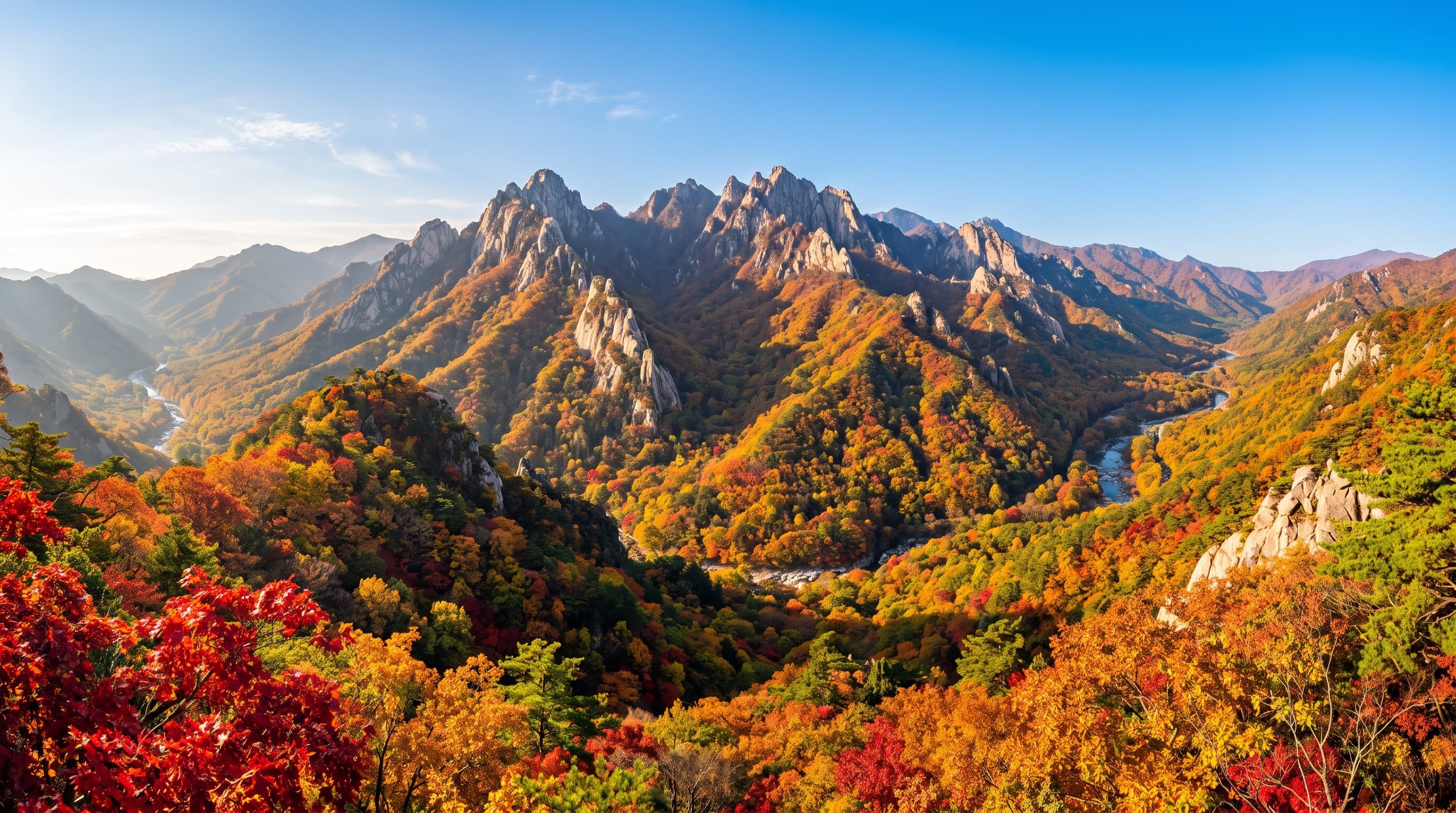Dramatic granite peaks of Seoraksan surrounded by late October autumn foliage