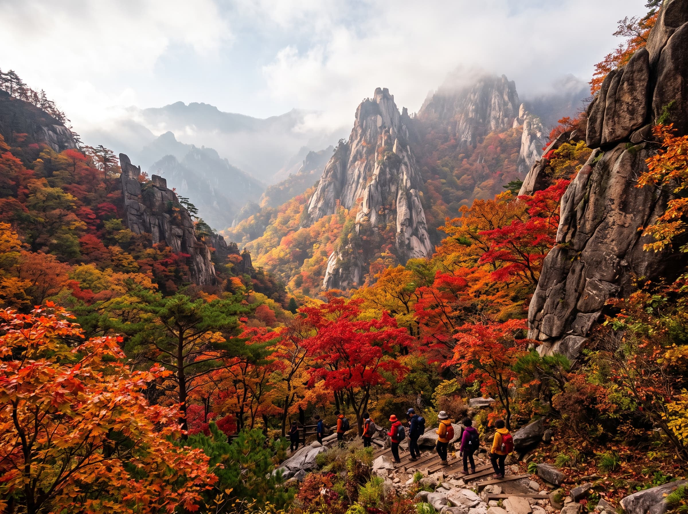 Panoramic autumn landscape of Seoraksan granite ridges and vibrant foliage