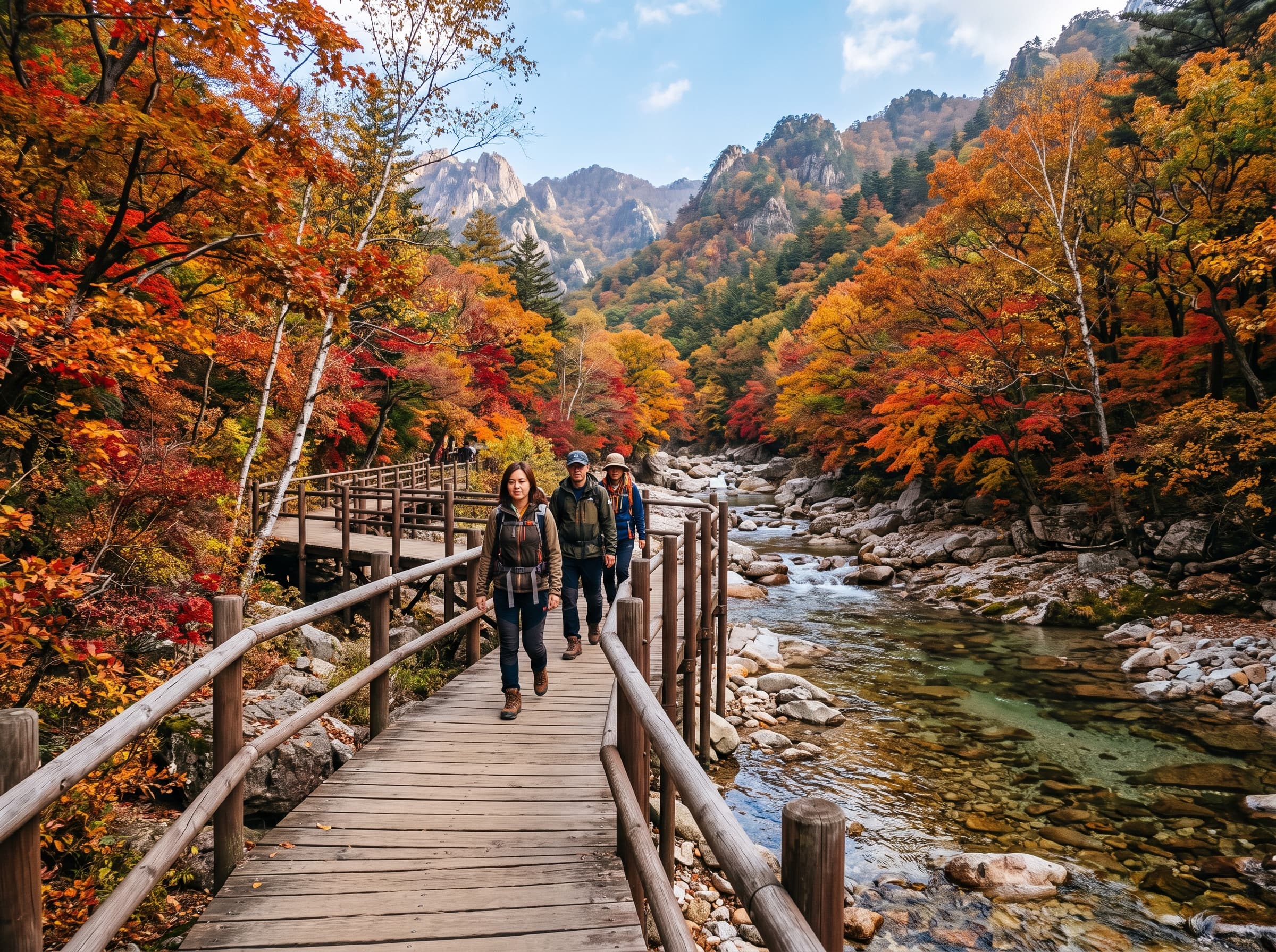 Boardwalk trail alongside mountain stream in Seoraksan during autumn