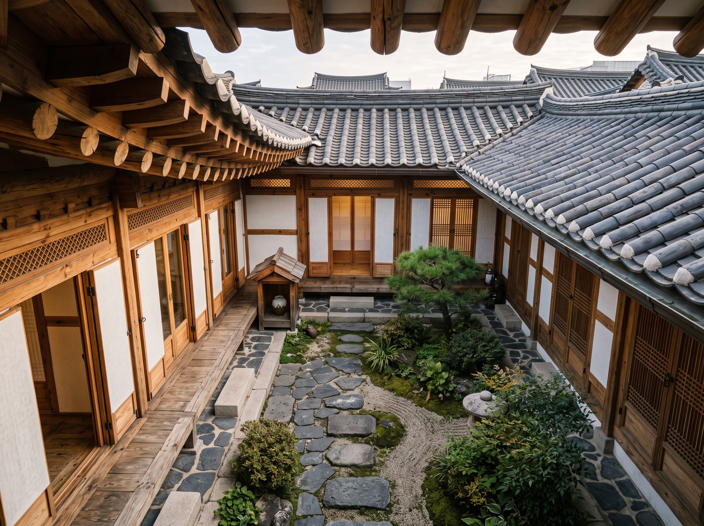 Interior courtyard of a restored traditional hanok in Bukchon Seoul featuring wooden eaves and paper doors