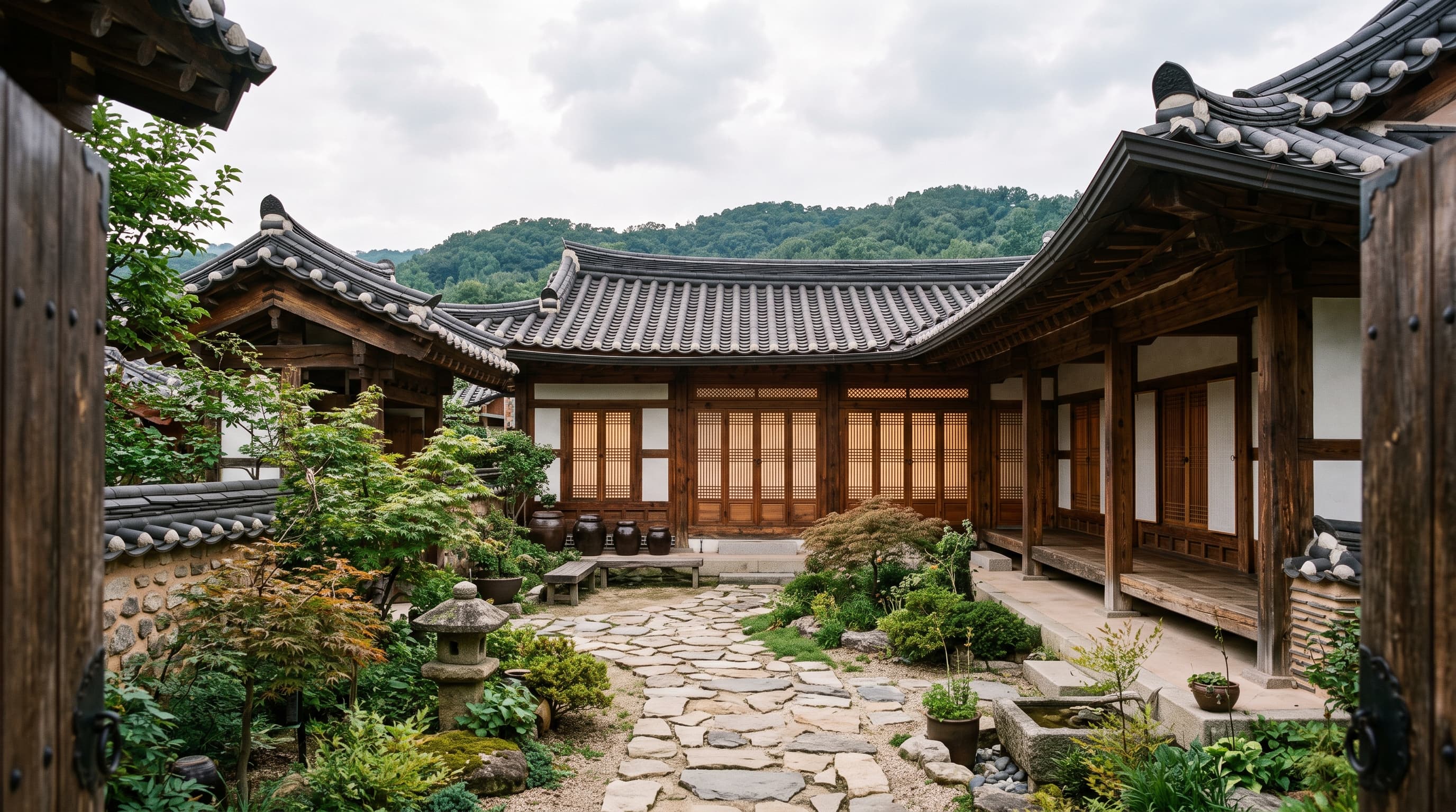 Restored historic Korean hanok house exterior featuring wooden pillars and clay tile eaves surrounding a quiet courtyard